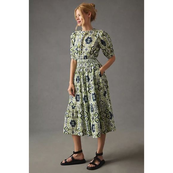 New Anthropolgie X THE ODELLS Smocked Puff-Sleeve Dress Size Large - Picture 2 of 9